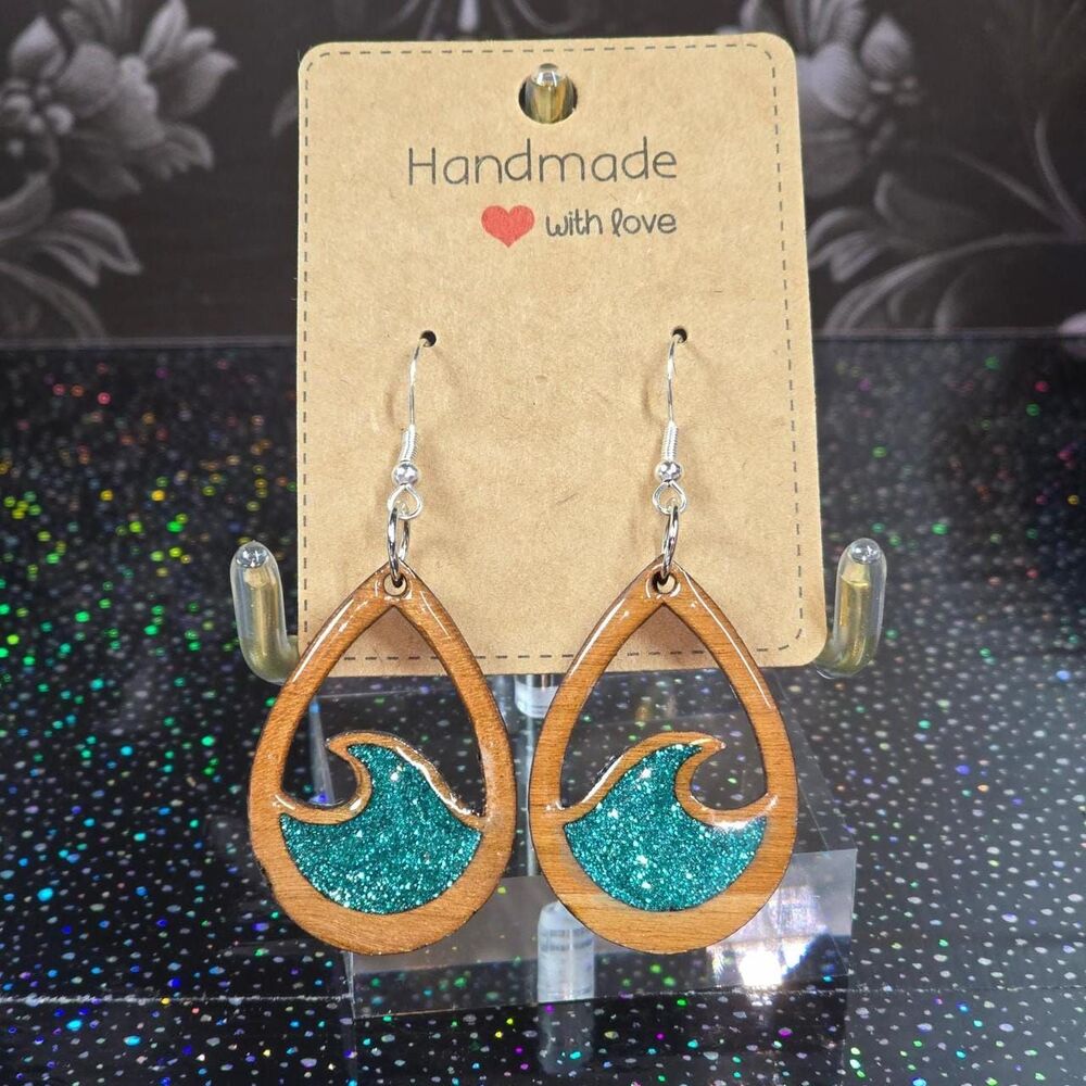 Teal Glitter Wave Wooden Dangle Earrings - Handmade Beach-Inspired Statement Ear